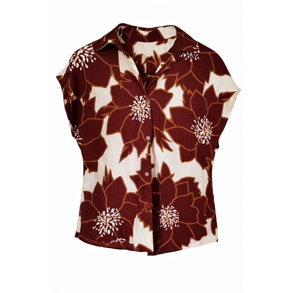 Alex & Parker Floral Button Front Blouse Burgundy Cream Short Sleeve Size M